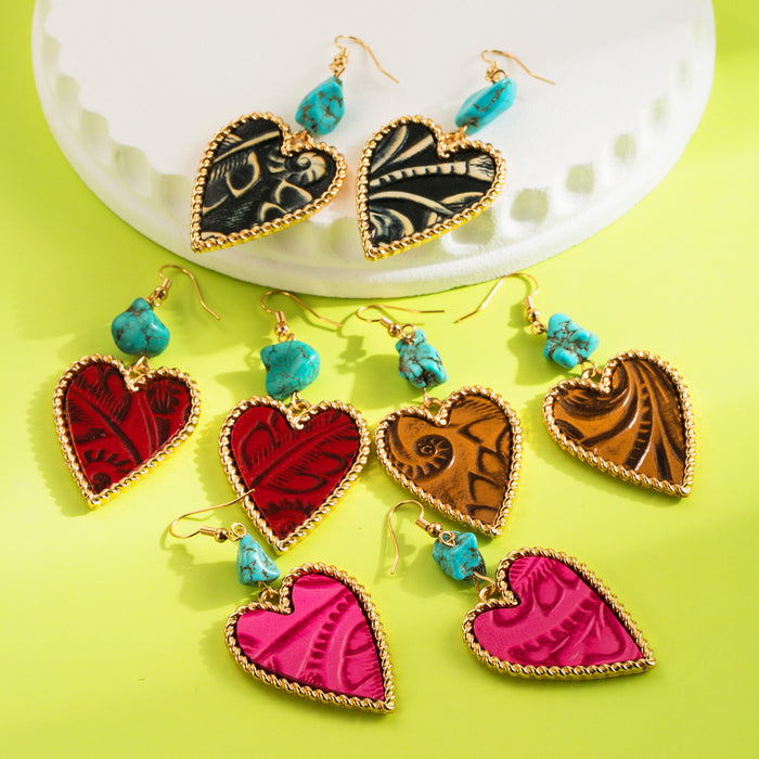 Wholesale Alloy leather printed turquoise heart earrings