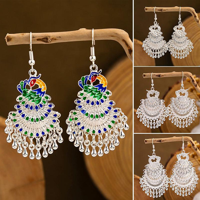 Wholesale Cloisonne Peacock earrings  silver minority totem Phoenix bell earrings