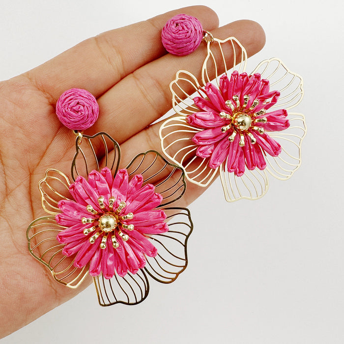 Wholesale Vacation Style Handmade Raffia Flower Earrings Red Jewelry Accessory MOQ≥5