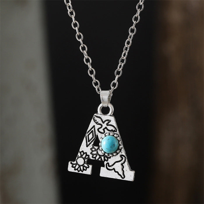 Wholesale 2pcs Retro 26 English Letter Turquoise Necklace