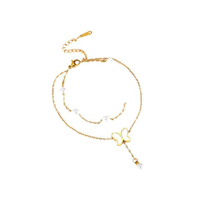 Wholesale Double-layer pearl butterfly pendant anklet