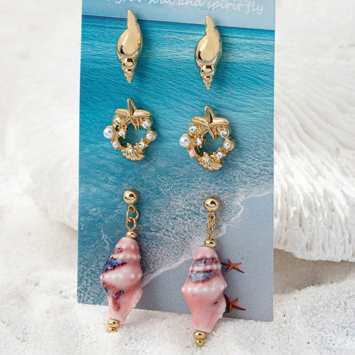 Wholesale Summer Beach Vacation Conch Shell Starfish Women' s Earrings Set with Card