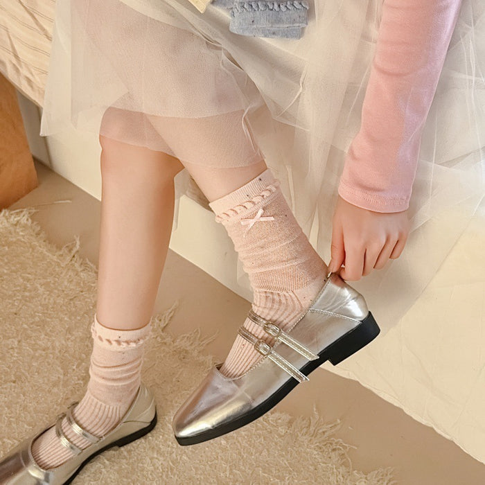 Wholesale Thin socks, butterfly knot yarn pile socks, hollowed out Japanese lace mid tube socks