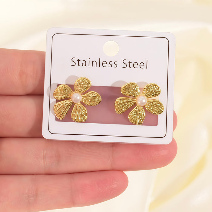 Wholesale Flower Earrings Retro-Style Pearl Earrings for Women Electroplated Stainless Steel Gold Earrings