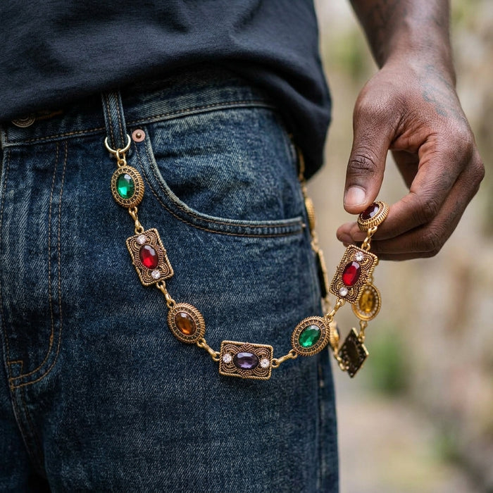 Wholesale Vintage Retro Hip Hop Gold Tone Multi Gemstone Waist Chain For Men Stylish Pants Chain Jewelry Accessory