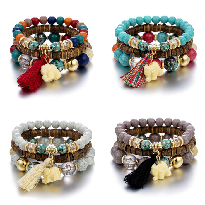 Wholesale Ethnic Style Elephant Tassel Wooden Beads Multi-layer Bracelet JDC-BT-NHong012