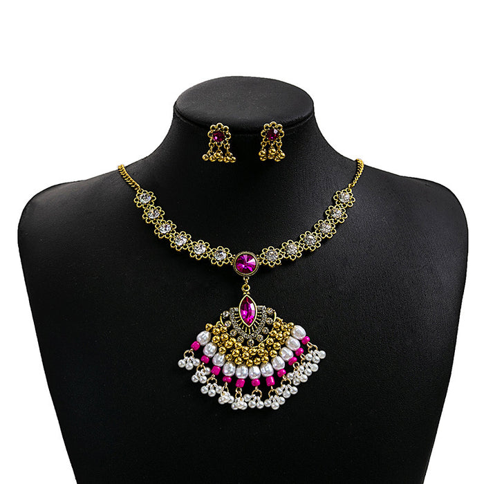 Wholesale Bohemian Turquoise Fringe Earrings and Necklace Set Alloy Jewelry