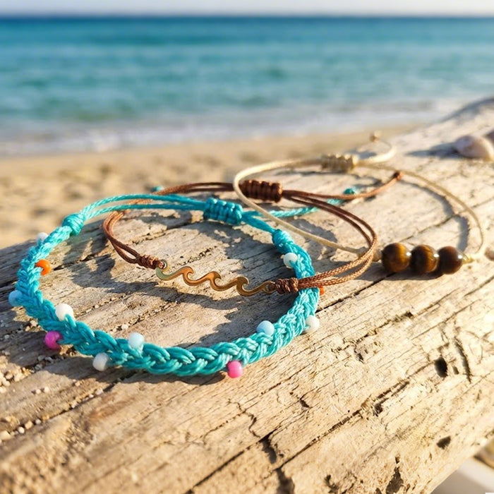Wholesale Trendy Summer Resort Layered Bracelet In Blue Handmade Tiger Eye Stone With Metal Wave Unisex Gift