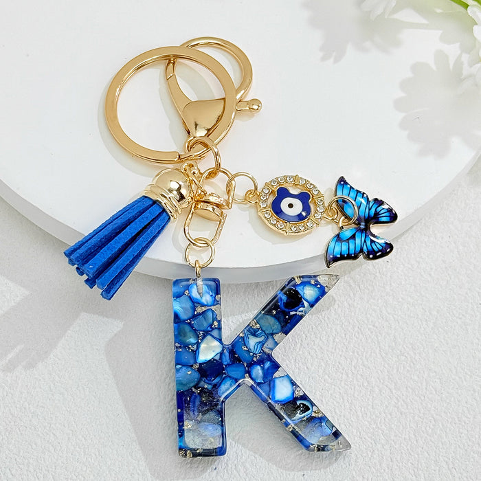 Wholesale Royal Blue 26 Letter Keychain with Evil Eye Butterfly Tassel Pendant