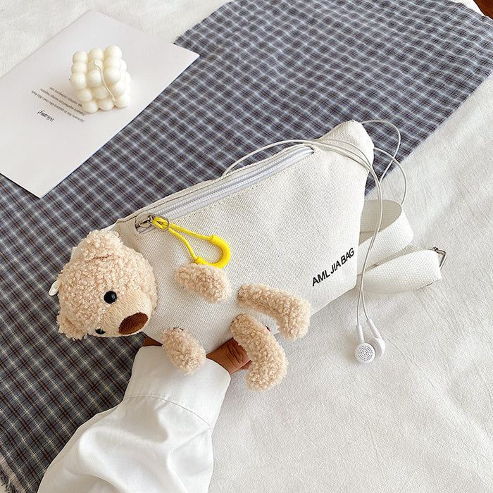 Wholesale Crossbody canvas chest bag with printed letters, cute little bear waist bag