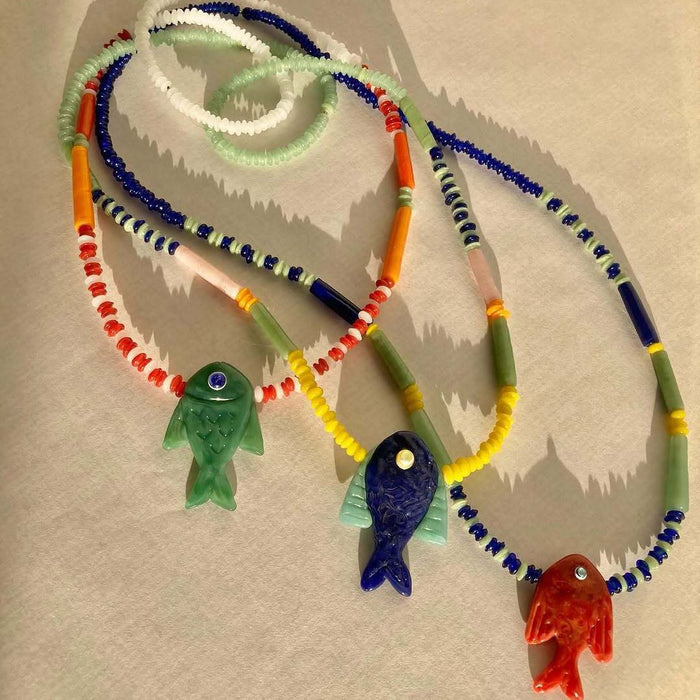 Wholesale Summer Ocean Fish Design Glass Pendant Necklace Electroplated Trendy Collarbone Chain