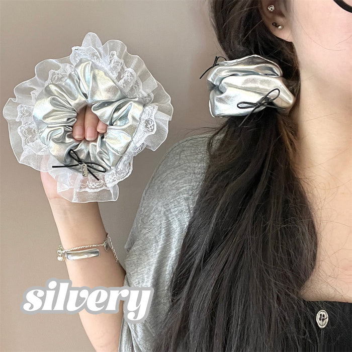Wholesale silver Leather Bow Large Intestine Hair Rings Niche Hair Rope Hair Accessories
