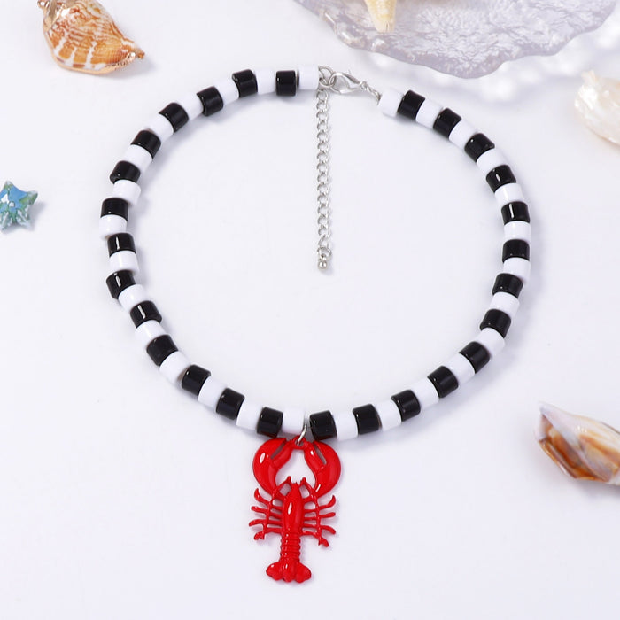 Wholesale Alloy Oil Dripping Lobster Pendant Women's Black and White Beaded Necklace