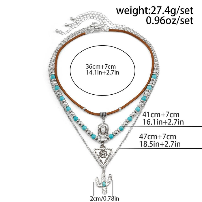 Wholesale Western Cowboy Pine Stone Necklace Stacked Set Necklace Cactus Boots Pendant Ethnic Style Retro Necklace