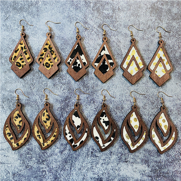 Wholesale Western retro wooden earrings leopard print milk pattern inlaid earrings geometric hollow
