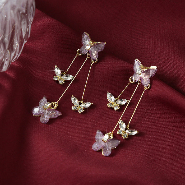 Wholesale Silver needle purple butterfly tassel earrings with a light luxury and high-end feel, sparkling diamond long earrings, retro temperament earrings