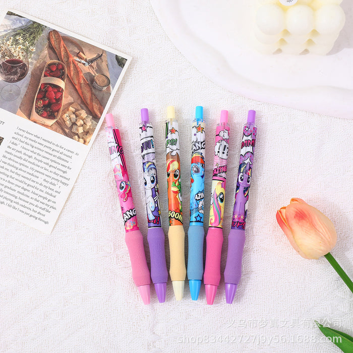Wholesale 6pcs/set Pink Pony Brush Pen Sponge Cloud Hold Pen Quick-drying Push Pen Gel Pen Student Burden Reduction Black Pen