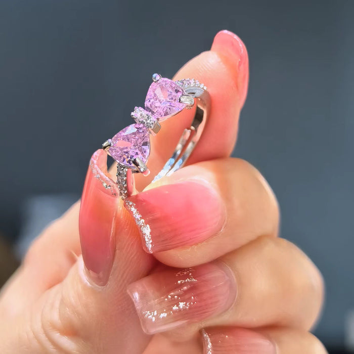 Wholesale Pink zirconium bow ring, niche design, light luxury, versatile, exquisite adjustment, romantic ring