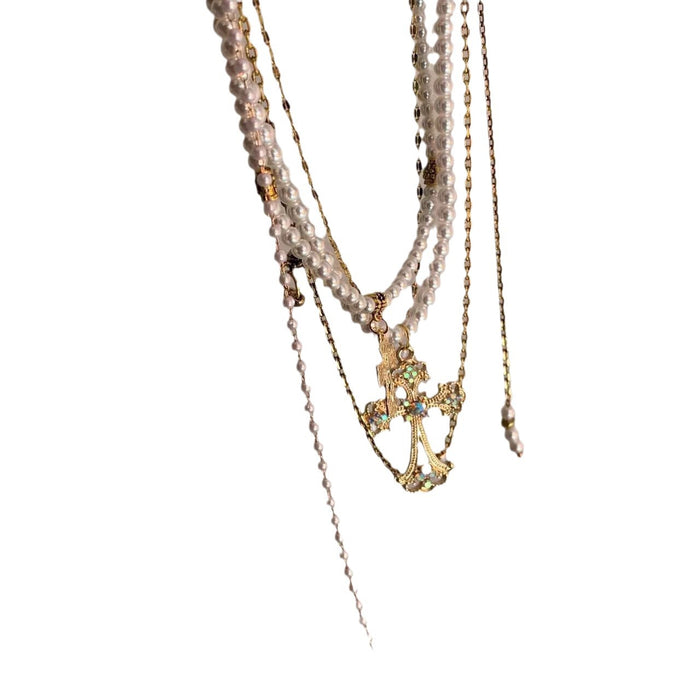 Wholesale Multi-layer Cross Pearl Alloy Necklace JDC-NE-LaiL010