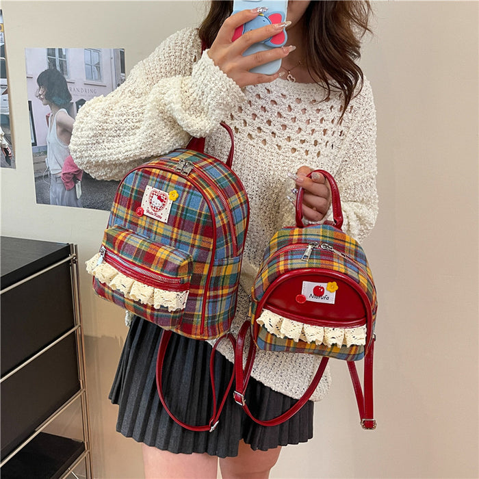 Wholesale Red plaid contrasting color lace trim large capacity backpack bags