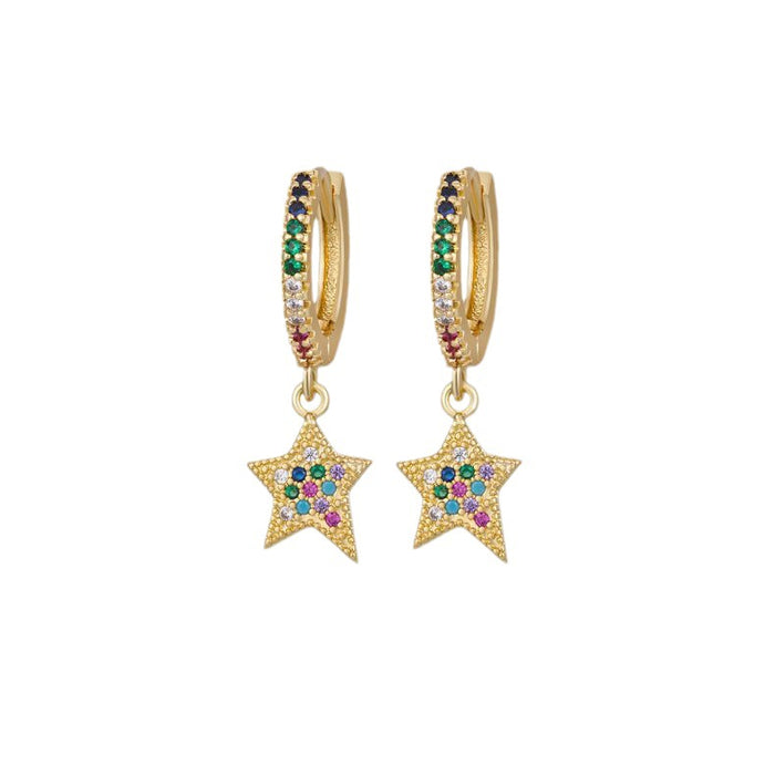 Wholesale gold and diamond five-pointed star earrings,  rainbow zircon star pendant earrings,  light luxury vacation style,  versatile earrings
