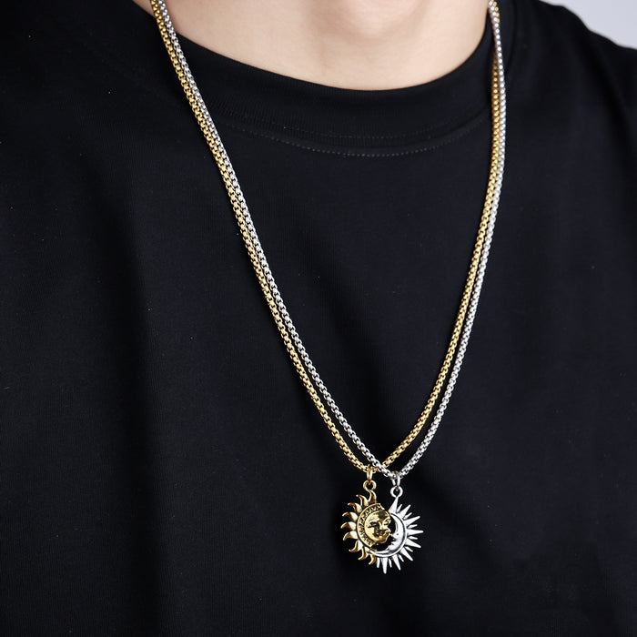 Wholesale Asymmetrical Sun and Moon Necklace Titanium Steel