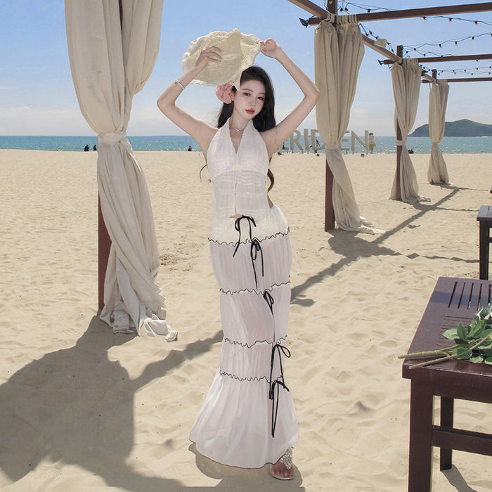 Wholesale Swimsuit pleated halter top, backless skirt set