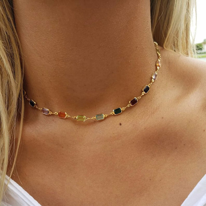 Wholesale Colorful gemstone necklace, collarbone chain, simple double-sided diamond bracelet, rainbow crystal, women's high-end accessory