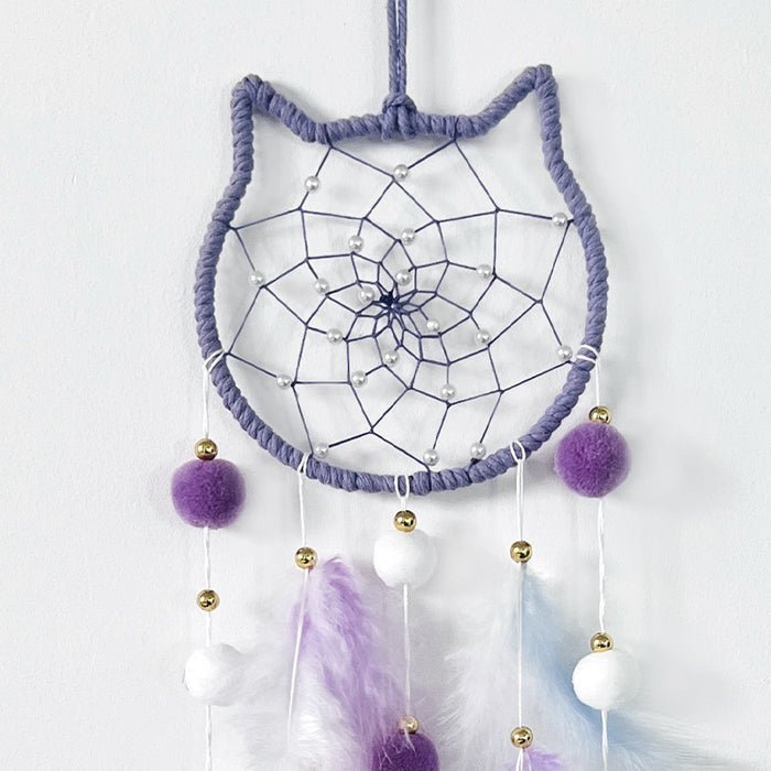 Wholesale Cat Head Dreamcatcher Hanging Ornament Handmade Pink Feather Decor MOQ≥2