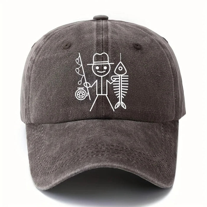 Wholesale Fun Fishing Stick Figure Fishbone Print Washed Baseball Cap Summer Sun Hat