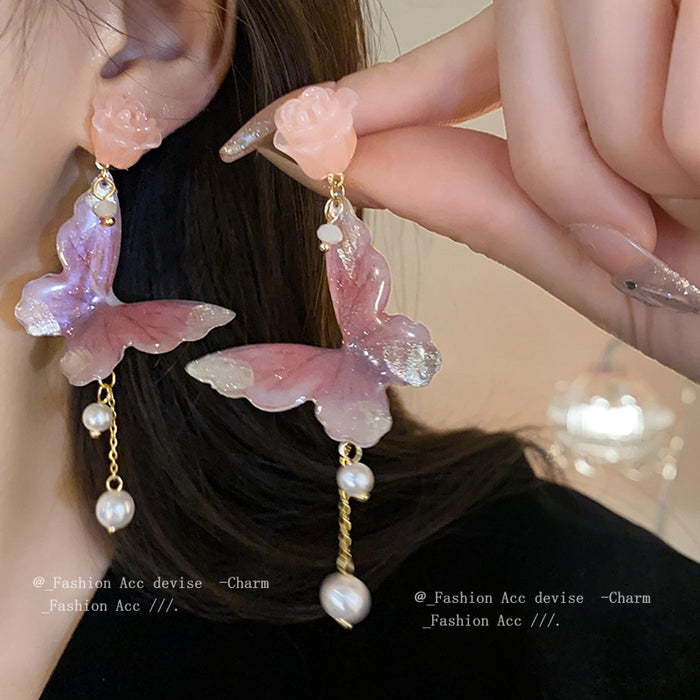 Wholesale Silver Needle Flower Butterfly Pearl Tassel Earrings JDC-ES-HuiHe012