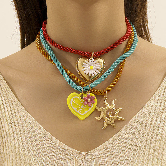 Wholesale Colorful rope heart-shaped sun daisy pendant necklace