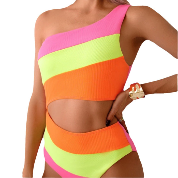Wholesale New color blocking bikini swimsuit with a feminine feel, featuring an open waist and sloping shoulders one-piece swimsuit