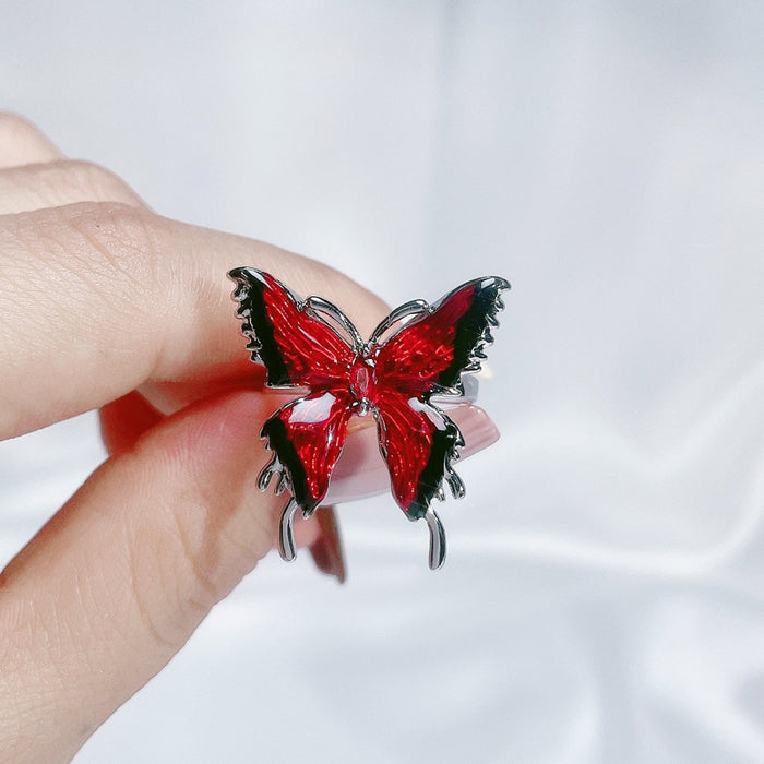 Wholesale Copper Red Enamel Drop Glaze Butterfly Open Ring For Women Stylish Geometric Design Jewelry Accessory Boutique Gift