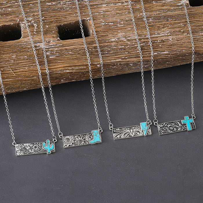 Wholesale 2pcs retro square turquoise bohemian style necklace