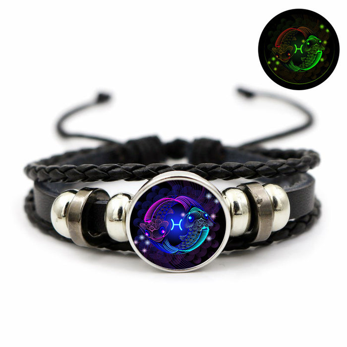 Wholesale Twelve Zodiac Luminous Retro Leather Bracelet Simple Glowing Wristband