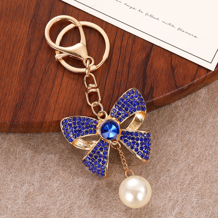Wholesale Red Rhinestone Pearl Bow Keychain Bag Charm Car Key Accessory Birthday Gift MOQ≥2