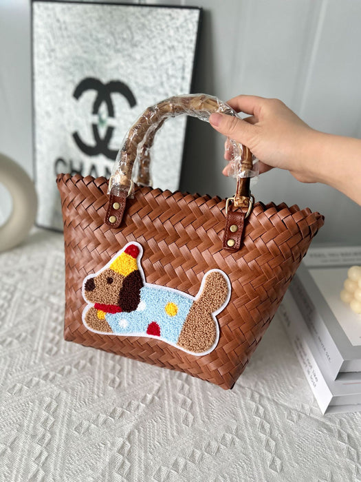 Wholesale Dachshund Striped Straw Bag Retro Woven Vegetable Basket Small Square Bag Commuter Tote Bag Shoulder Bag Cross-Border