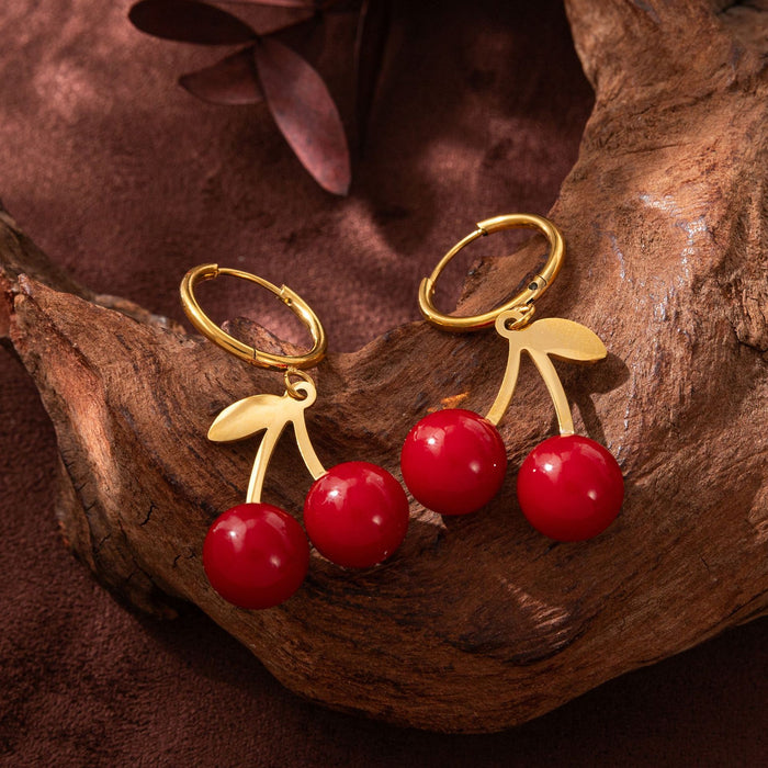 Wholesale Red Cherry Pendant Necklace Bracelet Earrings Titanium Steel set