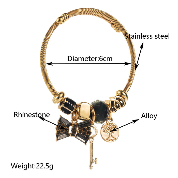 Wholesale Fashionable stainless steel bracelet with crystal beads, butterfly bow, diamond inlaid pendant, adjustable bracelet