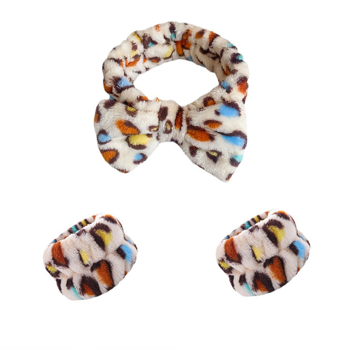 Wholesale Leopard Print Bow Striped Headband Wrist Strap Set Face Wash Mask Headband Flannel Hair Accessories