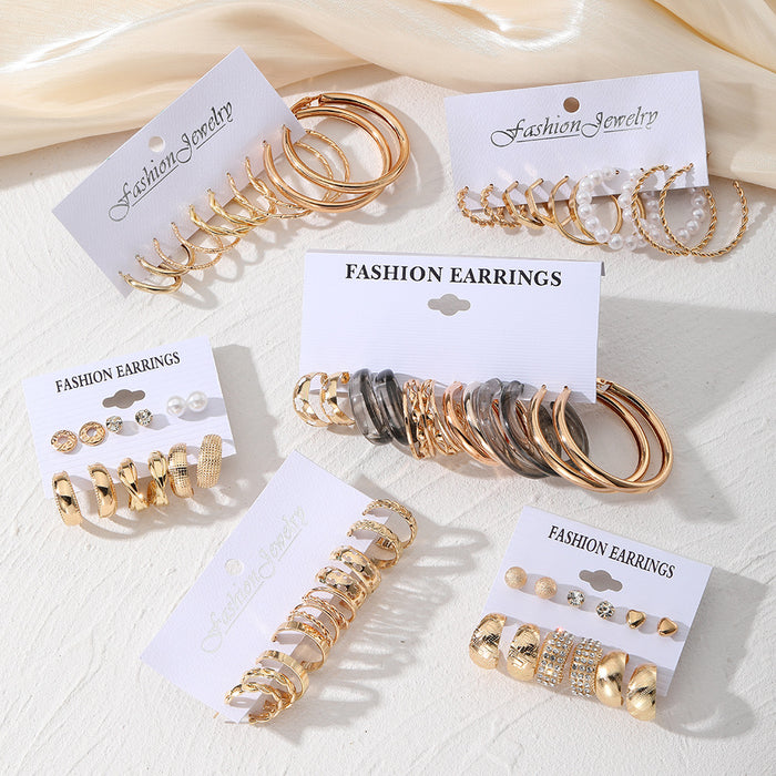 Wholesale Retro 6-piece creative heart-shaped rhinestone metal earrings