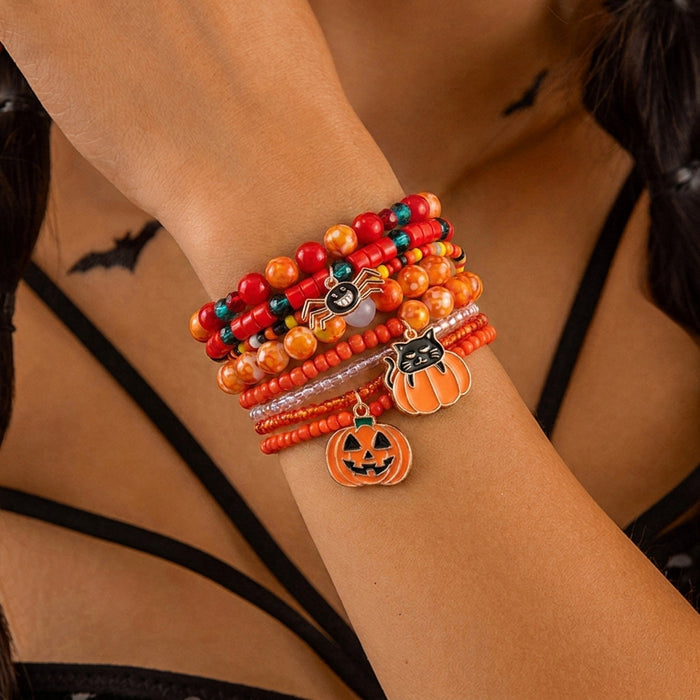 Wholesale Alloy Bracelet Set - 7pcs Funny Pumpkin Bat Beaded Bracelets