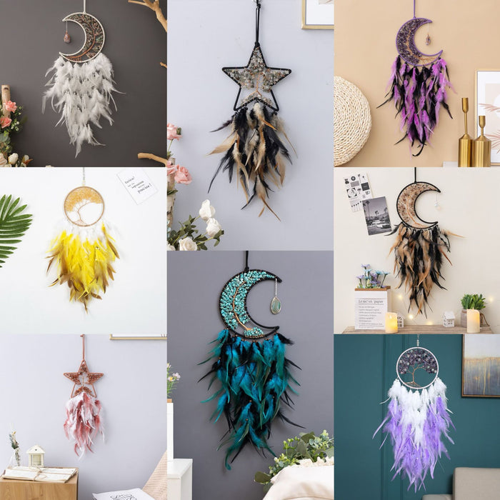 Wholesale Feather Dreamcatcher Wall Hanging with Tree of Life Design and Natural Stone Accents