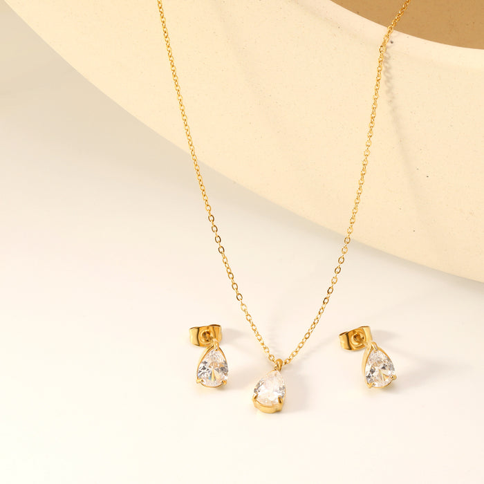 Wholesale White zirconium earrings necklace stainless steel drop-shaped geometric diamond jewelry