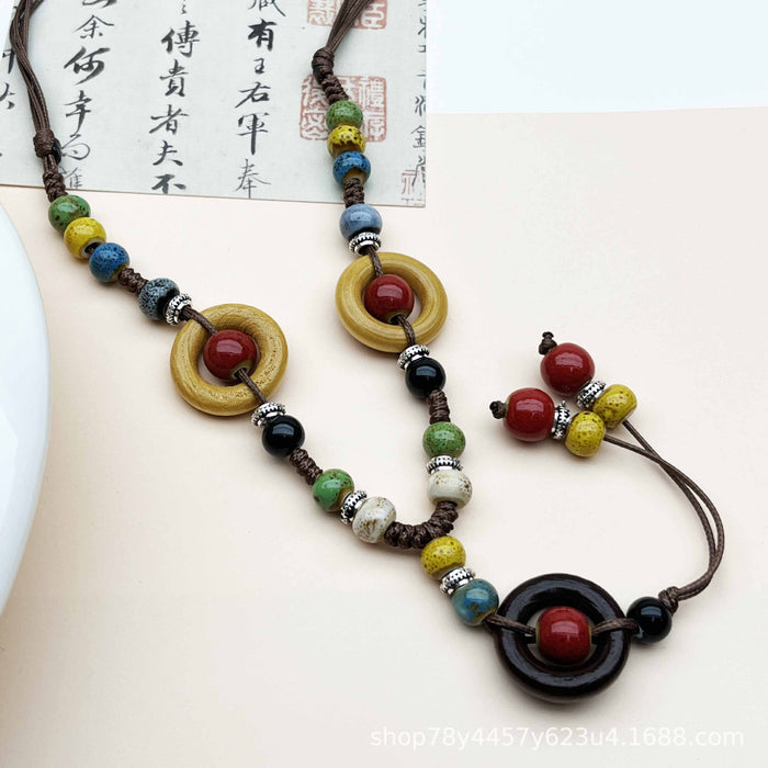 Wholesale Vintage ceramic woven rope necklace, long tassel sweater chain, collarbone