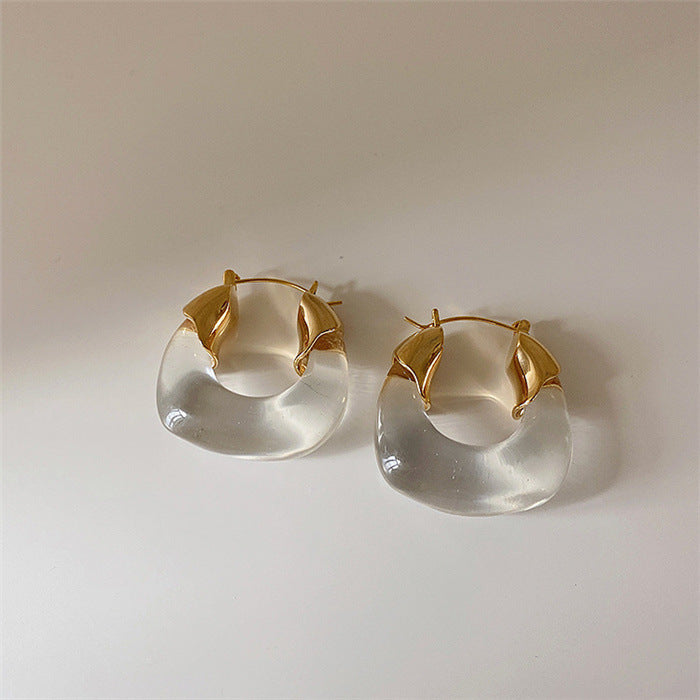 Wholesale Retro geometric U-shaped colored transparent resin and metal earrings