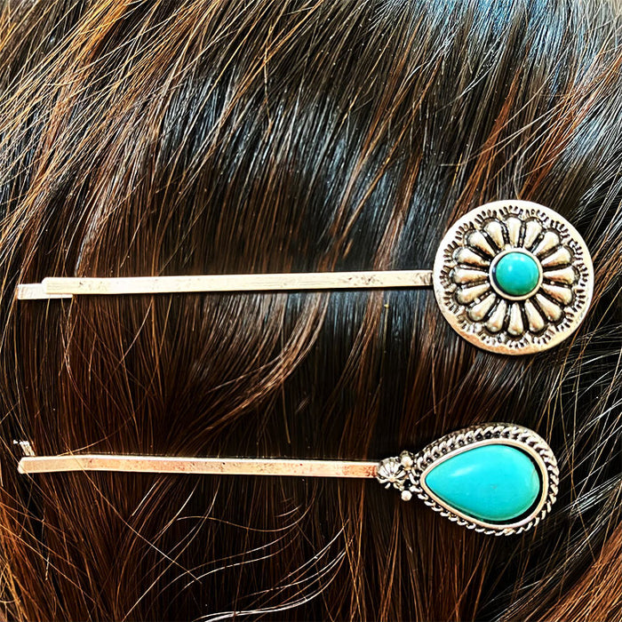 Wholesale 2pcs Retro Turquoise Alloy Flower Ethnic Style Western Head Clip One Word Clip JDC-HC-HeYi001