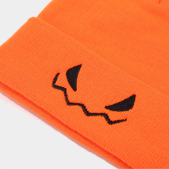 Wholesale Halloween Pumpkin Little Devil Embroidery Orange Wool Knitted Hat JDC-FH-LvYi057