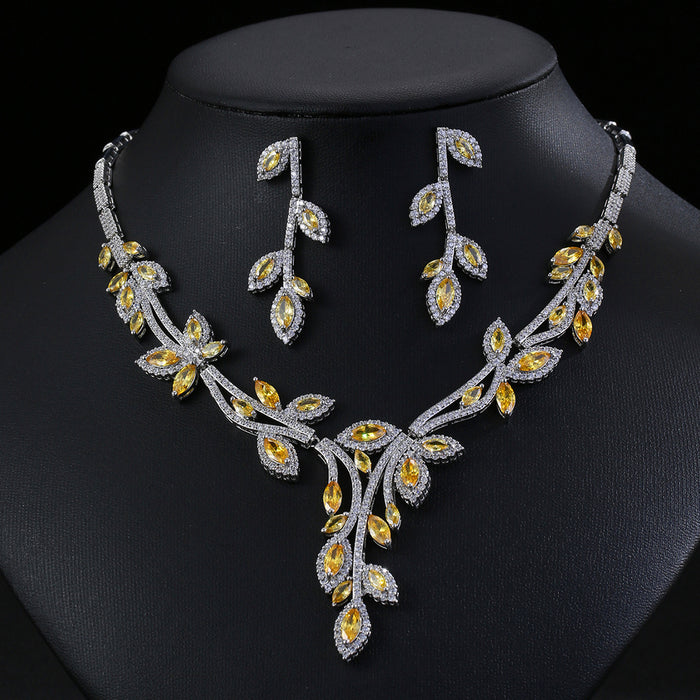 Wholesale Zircon Necklace Earrings suit Jewelry Full Diamond Jewelry Leaves Women' s Holiday Wear